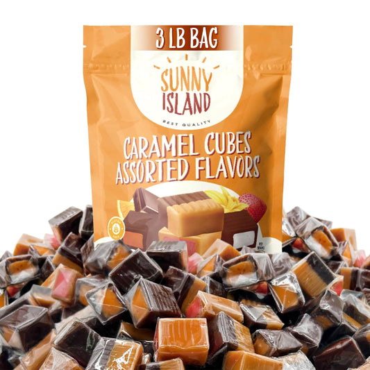Caramel Cubes Filled Candy 3 Pound Bulk Bag – ~220 Individually Wrapped Assorted Flavors Strawberry, Chocolate, Orange, Vanilla & Mint, Perfect for Candy Dishes, Gifting & Baking