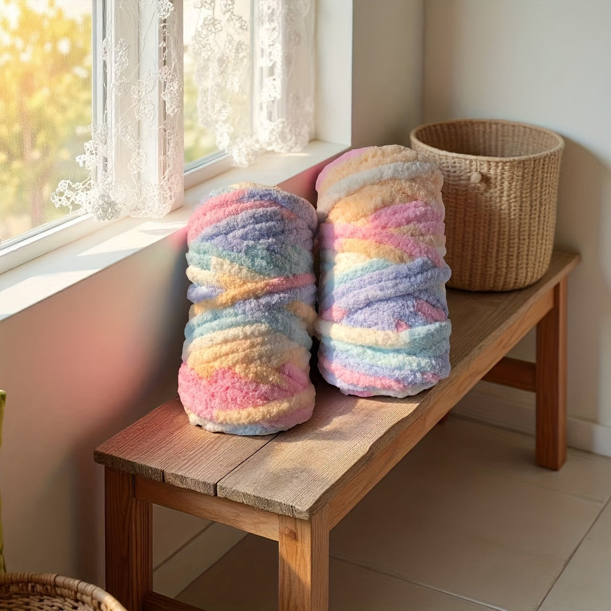 Fil chenille épais, 2 écheveaux de 500 g, laine pour tricot et crochet, rayé multicolore, polyester doux, extra épais, pelucheux, cadeau DIY pour femmes et hommes