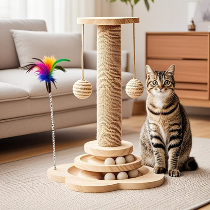 Arbre à chat 4-en-1 avec griffoir en sisal, jouet à plume, circuit à balles à deux niveaux et 6 balles en bois – Centre d'activité en bois massif anti-basculement pour chats d'intérieur, chatons et foyers multi-chats