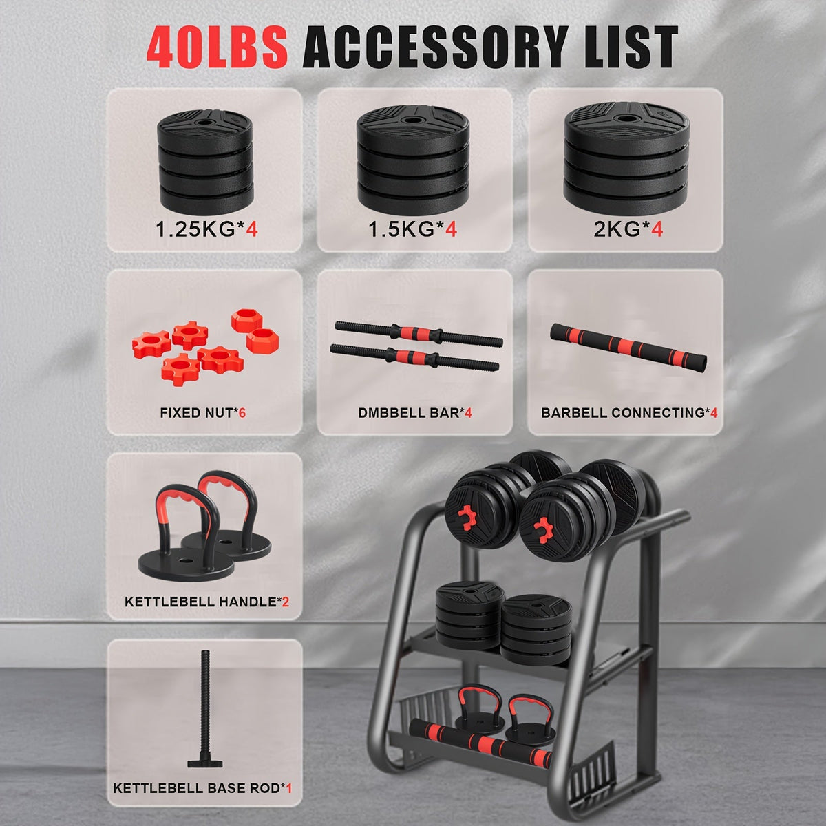 Ensemble d'haltères réglables 5-en-1, poids libres de 30 à 110 lb – Utilisable comme haltère, barre, kettlebell, support de pompes et disques de poids, équipement de musculation à domicile pour hommes et femmes, options de poids multiples