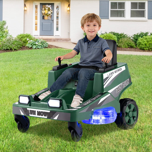 Tondeuse à gazon électrique pour enfants 12V - Double levier de commande, lumières LED, rotation à 360°, lames rotatives, roues anti-basculement | Jouet d'extérieur pour garçons et filles de 3 ans et plus | Max 35kg | 2,7 km/h | Vert