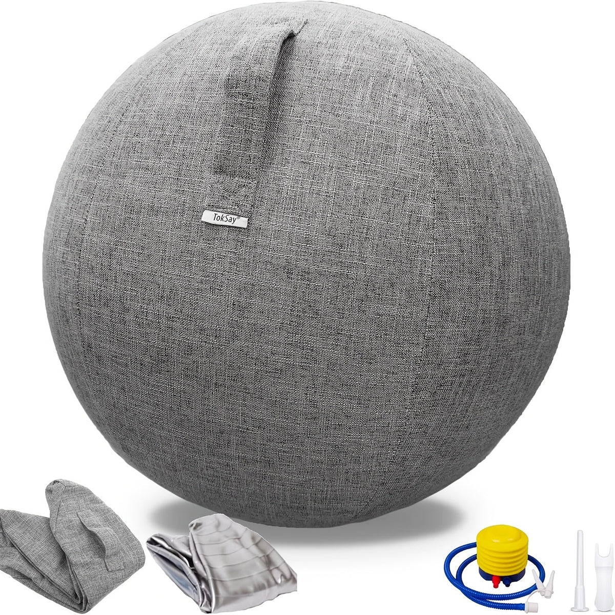 Chaise ballon d'exercice 65 cm avec housse en tissu, ballon de yoga anti-éclatement pour bureau, Pilates, renforcement musculaire, grossesse et accouchement – Améliore la posture et soulage les maux de dos, Gris & Noir