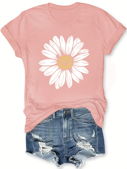 T-shirt à col rond imprimé marguerites pour femme | Hauts d'été décontractés pour femme, t-shirts à manches courtes avec motif floral mignon S M L XL XXL