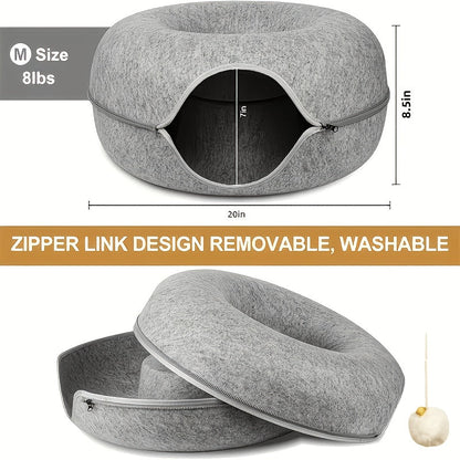 Lit tunnel pour chat en forme de beignet avec jouets à pompons - Cachette nid pour chat d'intérieur, utilisable toute l'année - Lit tunnel douillet pour chats et chatons - Disponible en 50 et 60 cm, gris foncé et gris clair
