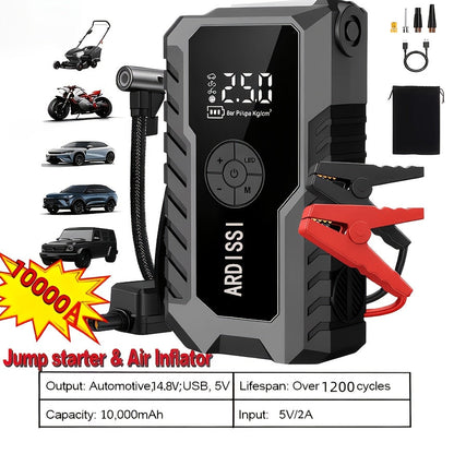 Démarreur de batterie portable 5000A avec compresseur d'air 150 PSI – Booster de batterie tout-en-un 10000mAh, port Type-C, lampe LED pour voitures essence et diesel 12V, camions, SUV et motos
