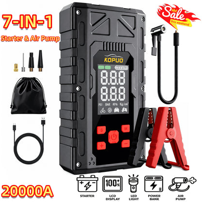 Portable Car Jump Starter with Air Compressor 20000A Peak 7-in-1 Battery Booster Pack with 150PSI Tire Inflator, Power Bank, LED Light & LCD Display – 12V Emergency Roadside Kit for Car SUV Truck