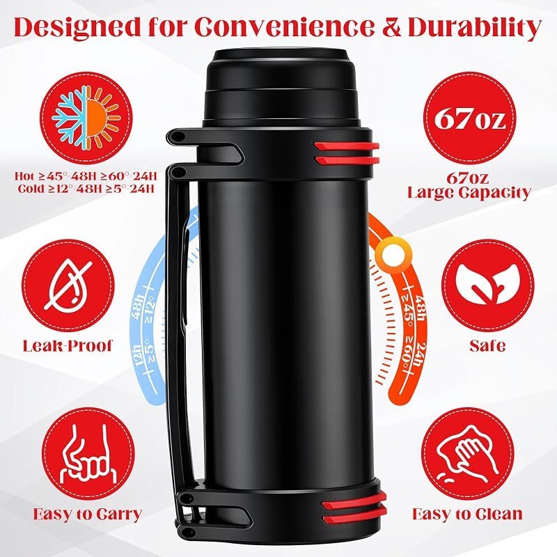 Grande gourde pour chien 2 L en acier inoxydable isotherme – Abreuvoir de voyage portable avec couvercle bol amovible pour la marche, la randonnée et le camping, anti-fuite pour chiens de toutes tailles