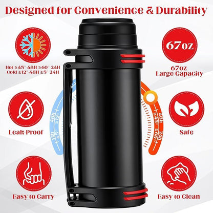Grande gourde pour chien 2 L en acier inoxydable isotherme – Abreuvoir de voyage portable avec couvercle bol amovible pour la marche, la randonnée et le camping, anti-fuite pour chiens de toutes tailles