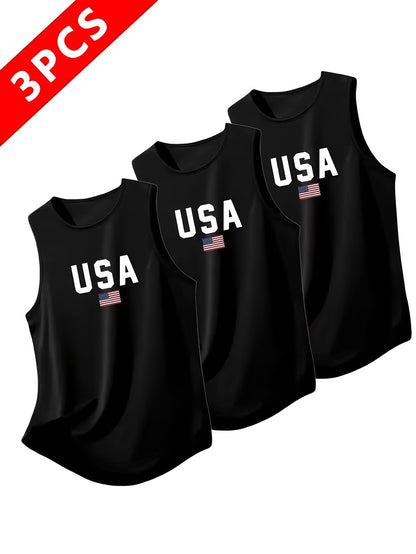 Lot de 3 débardeurs de sport pour homme, séchage rapide et anti-transpiration, avec imprimé USA, respirants, pour salle de sport, course à pied et entraînement - Noir, Blanc, Gris
