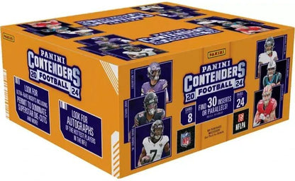 Boîte de détail scellée en usine Panini Contenders Football 2024 – 24 paquets, 8 cartes par paquet, 192 cartes au total – À la recherche des recrues Caleb Williams et Marvin Harrison Jr., inserts Permit to Dominate & Superstar Die-Cut