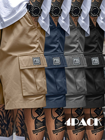 Men's Workwear Shorts 4 Pack Multi-Pocket Loose Fit – Knee Length Casual Summer Shorts, Solid Color, Sizes S to XXXL, Black Gray Blue Khaki Set for Work & Everyday Wear