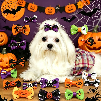 Lot de 20 nœuds pour poils de chien Halloween avec élastiques – Rubans de toilettage pour chiots et Yorkies de 40 mm, motifs et couleurs variés – Accessoires de toilettage festifs pour petits chiens et chats