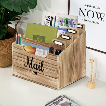 Grand organisateur de courrier de bureau en bois massif avec tiroir, 4 compartiments et séparateurs étiquetables pour dossiers, lettres et papier, organisateur de bureau pour bureau à domicile, étudiants et professionnels