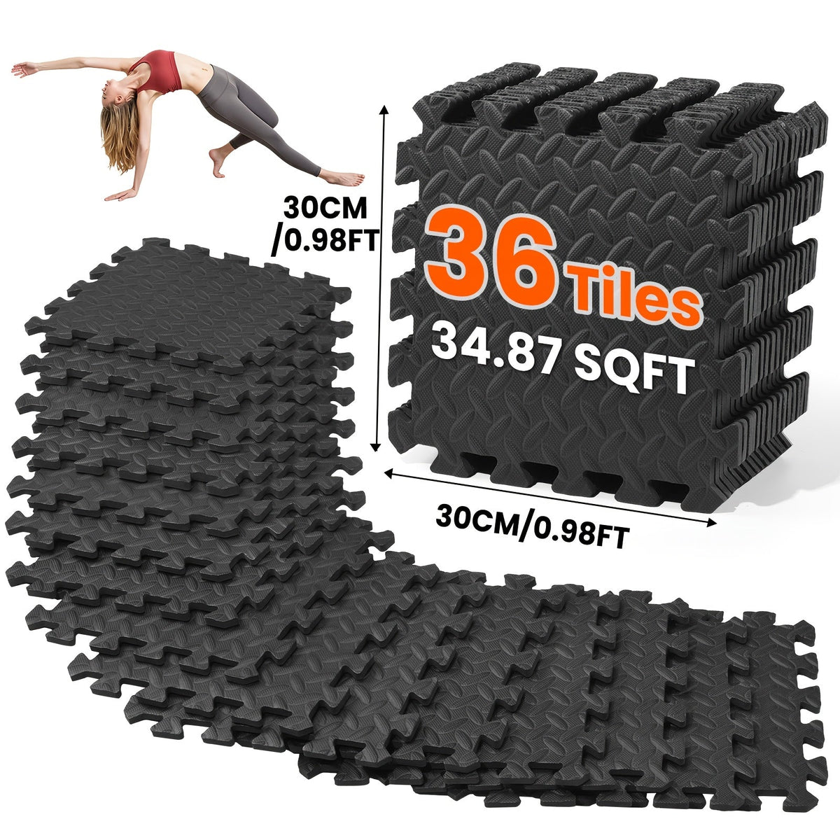 Tapis de sol emboîtables pour salle de sport, 36/48 pièces, dalles puzzle en mousse EVA, 30 x 30 cm, tapis d'exercice antidérapant pour salle de sport à domicile, garage, salle de jeux, fitness – Inclut des bordures, motif café et feuilles