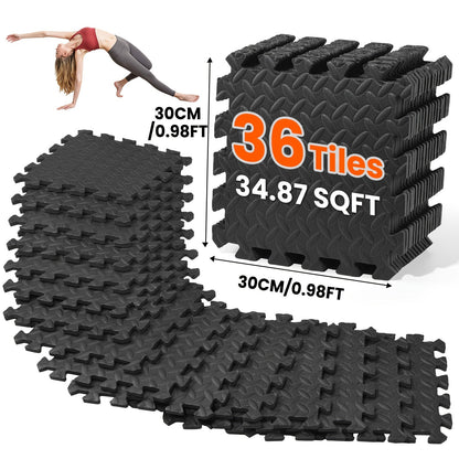 Tapis de sol emboîtables pour salle de sport, 36/48 pièces, dalles puzzle en mousse EVA, 30 x 30 cm, tapis d'exercice antidérapant pour salle de sport à domicile, garage, salle de jeux, fitness – Inclut des bordures, motif café et feuilles