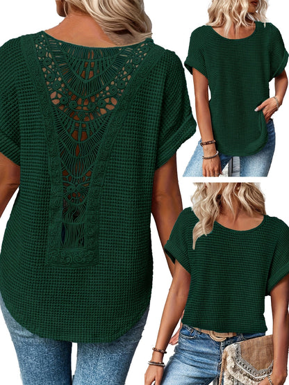 T-shirt femme été décontracté à col rond et manches courtes en patchwork de dentelle, haut fluide, bleu paon, kaki, noir, blanc, S M L XL XXL