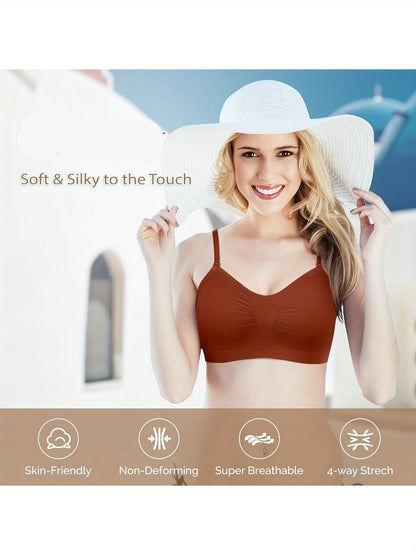 Lot de 4 brassières débardeurs à col en V avec coussinets – Soutien-gorge de sport sans armatures avec bretelles réglables pour femme, ensemble de brassières douces avec coussinets pour le quotidien, tailles S-XL, couleurs rouille, beige, vert, bleu