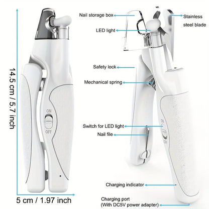 LED Pet Nail Clippers USB Rechargeable – Cat & Dog Nail Scissors with Built-In Light, Nail File & Anti-Splash Guard, Professional Precision Grooming Tool for Safe At-Home Pet Nail Trimming