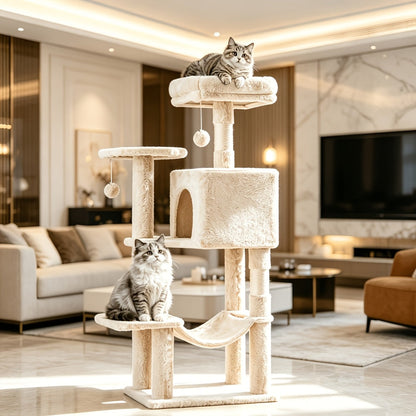 Arbre à chat de 112 cm avec poteaux à griffer en sisal naturel, grand hamac et niche fermée - Structure d'escalade multi-niveaux pour grands chats et foyers multi-chats, mobilier moderne pour animaux de compagnie