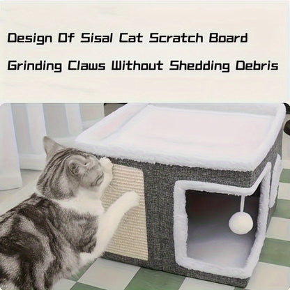 Maison à étages pour chat avec lit à 2 niveaux, tunnel de jeu, griffoir pliable et tapis douillet – Condo d'intérieur pour chat toutes saisons avec balle suspendue en peluche, cadre en nylon et toile, design pliable