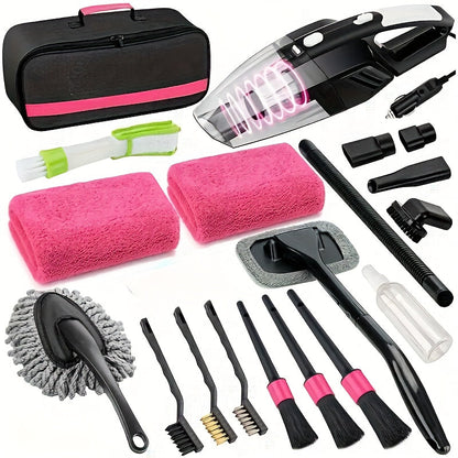 Car Wash Detailing Kit 19 or 41 Piece with Handheld Vacuum Collapsible Bucket Windshield Tool Tire Brush Snow Shovel Cleaning Gel Complete Car Care Set Yellow Pink