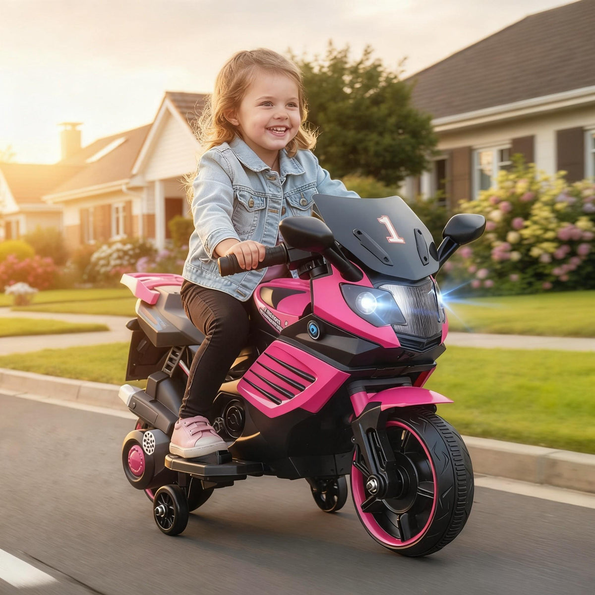 Moto électrique pour enfants 6V avec roues stabilisatrices amovibles, phares LED, musique, roues antidérapantes, selle confortable, cadeau pour garçons et filles de 3 ans et plus, rose