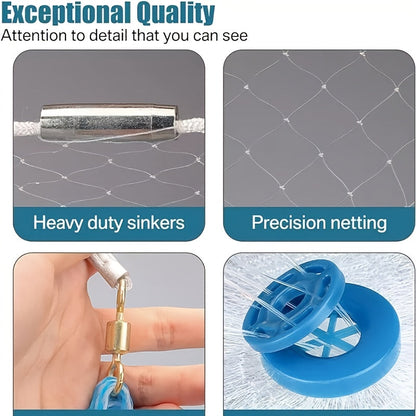 Épervier de pêche 8 pi/10 pi pour la capture d'appâts – Filet en monofilament de nylon robuste avec plombs en zinc haute résistance, conception à lancer facile pour la pêche américaine en eau douce et en mer, émerillon en acier 240/300
