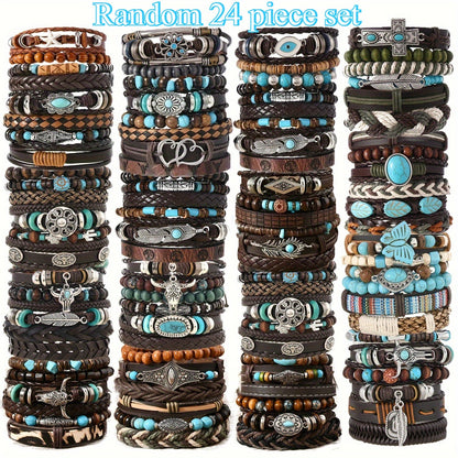 Lot de 24 bracelets bohèmes style western turquoise – Superpositions de bracelets tissés avec plumes, perles en bois et breloques en alliage, bracelets rétro empilables pour femme, cadeau idéal ou souvenir de fête