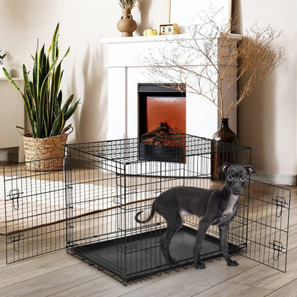 Cage pour chien pliable en fil métallique avec séparateur et plateau étanche – Chenil en métal repliable à double porte pour chiens de petite, moyenne et grande taille, pour intérieur, extérieur et voyage