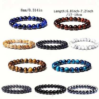 Lot de 10 bracelets extensibles en pierres naturelles de 8 mm, style vintage, perles rondes empilables, unisexe, pour homme et femme, cadeau de vacances