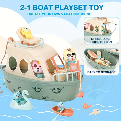 Cat Pirate Boat Playset for Kids – Kitten Pretend Play Toy with Cat Figures & Random Accessory Colors, Fun Pet Pretend Play Set, Pirate Party Favor Prize, Creative Gift for Boys Girls Ages 3 4 5 6+