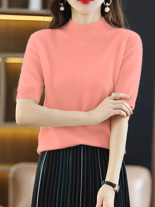 Women's Crew Neck Pullover Sweater Elegant Solid Color Short Knit Top Rib-Trim Stretchy Half-Neck Base Layer Shirt for Women