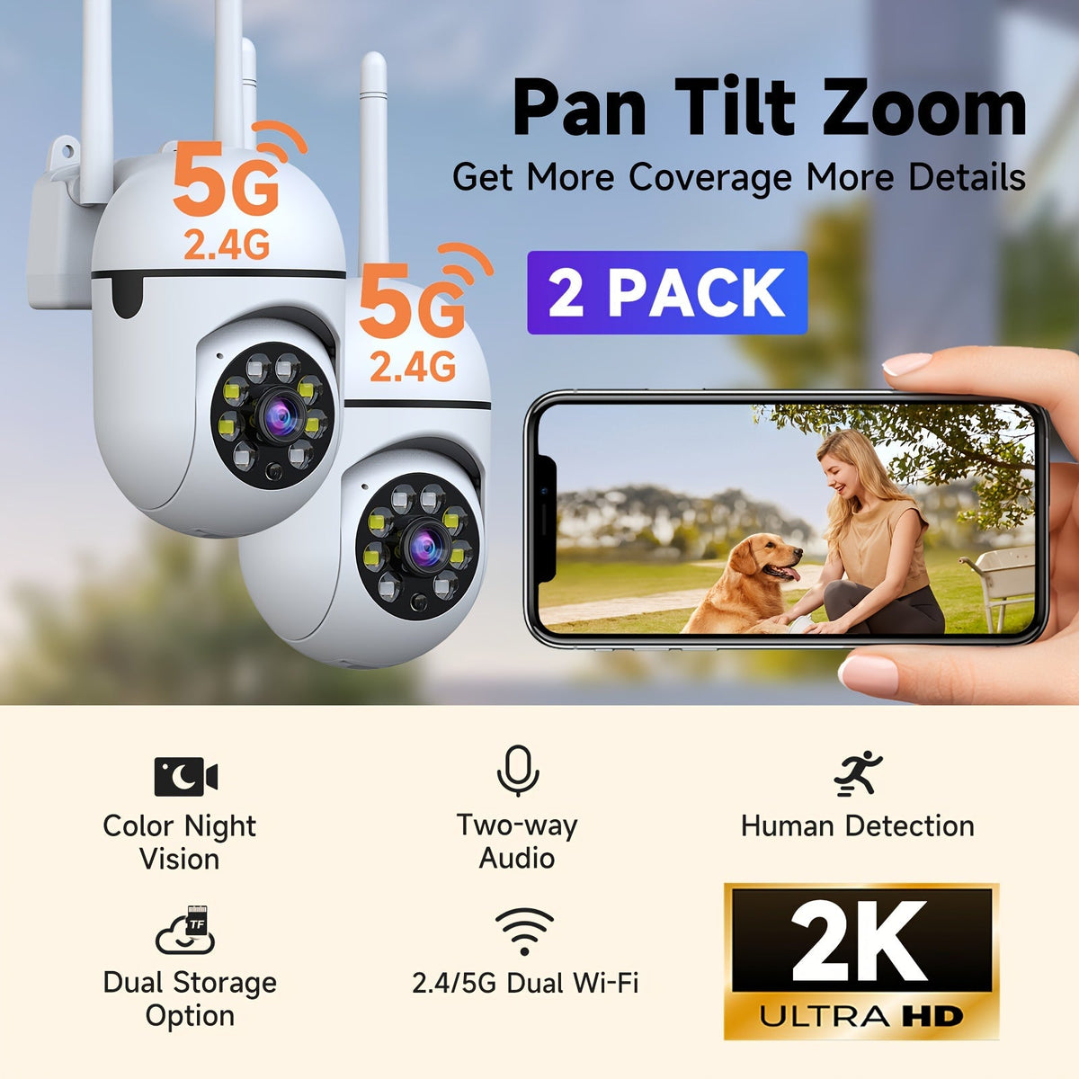 Lot de 2 caméras de sécurité WiFi 2K QHD PTZ panoramique 355° – Double bande 2,4 G/5 G, détection de mouvement par IA, vision nocturne couleur, audio bidirectionnel, stockage cloud et carte SD, babyphone, caméra de surveillance intérieure