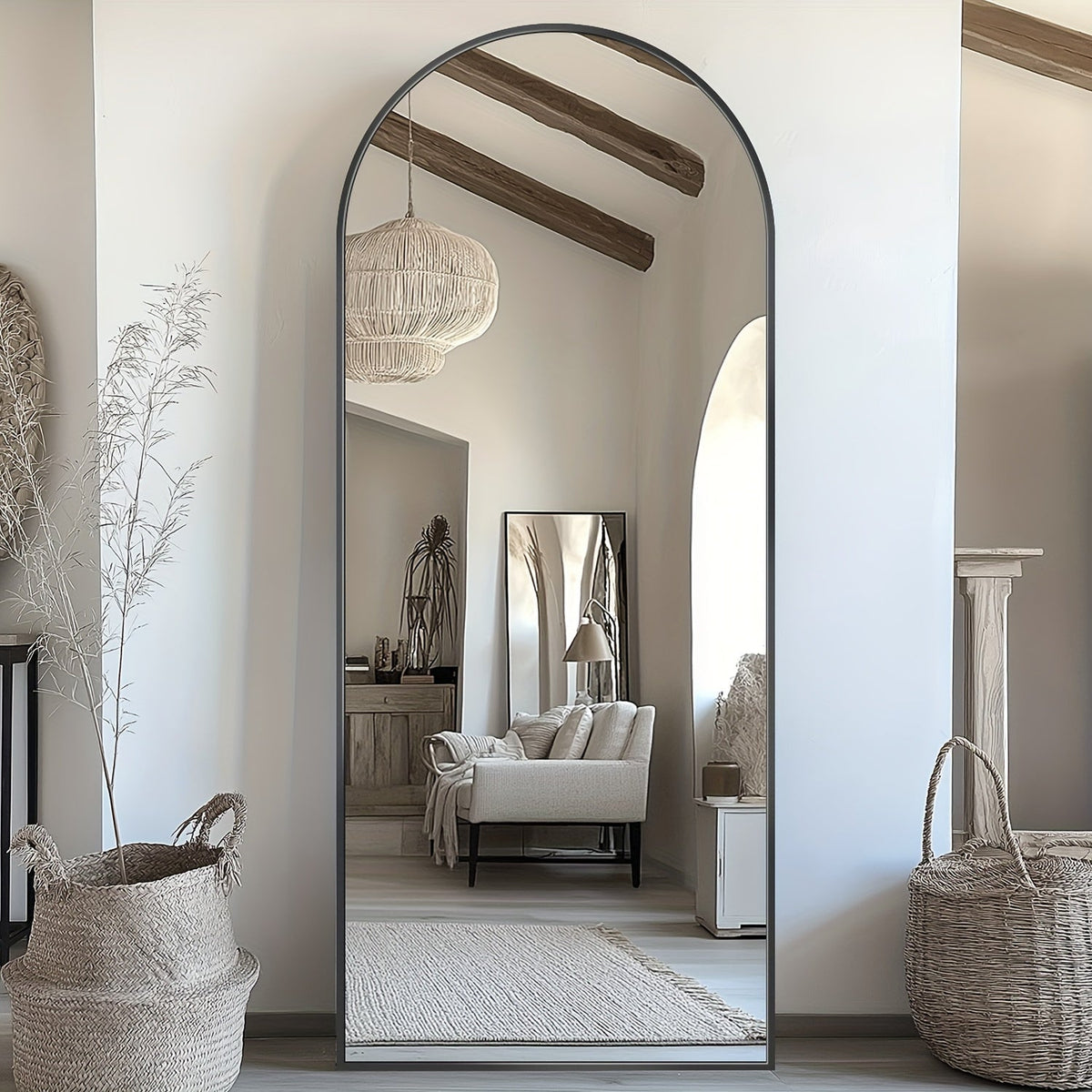 Miroir sur pied pleine longueur à sommet cintré – Miroir plein corps avec support pour chambre, salon et dressing, peut être fixé au mur, disponible en 3 tailles et 2 coloris (noir et doré)