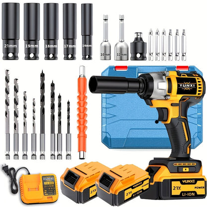 Ensemble clé à chocs et perceuse sans fil brushless 21V – Batterie Li-ion 4000mAh, boîte à outils, chargeur et accessoires de douilles pour usage automobile, domestique et industriel