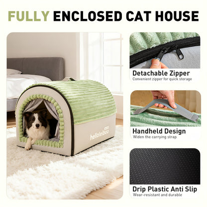Niche pour chien pliable 2-en-1 toutes saisons – Maison pour animaux entièrement fermée avec poignée, nid douillet, doux et antidérapant, lavable pour chiens et chats de grande, moyenne et petite taille – Bavoir offert – Velora