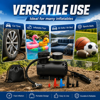 Compresseur d'air compact 12V 300 PSI – Gonfleur de pneus portable pour voitures, vélos, motos et ballons, se branche sur l'allume-cigare, sans batterie nécessaire | Velora