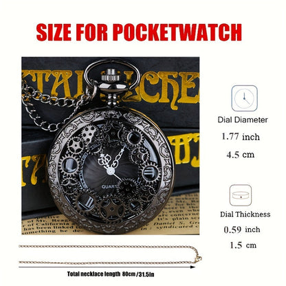 Collier montre de poche à quartz steampunk pour femmes et hommes – Montre pendentif analogique à engrenages creux vintage, collier sautoir, bijou rétro unisexe, cadeau de Noël