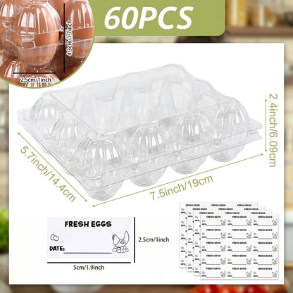 Lot de 60 boîtes à œufs transparentes en plastique, 12 alvéoles avec étiquettes – Boîtes à œufs en PET en gros pour la cuisine, l'élevage, la ferme avicole, le marché fermier et le stockage au réfrigérateur, capacité d'une douzaine d'œufs standard