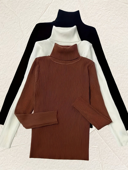 Women's 3-Piece High Collar Pullover Set – Soft High-Stretch 60% Elastane Solid Color Turtleneck Tops Bundle in Mixed Colors for Everyday Wear