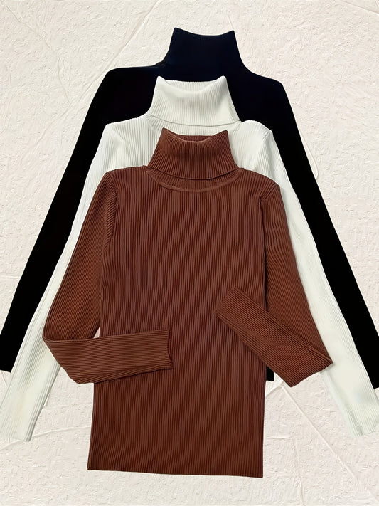 Ensemble 3 pièces pour femme avec pull à col montant – Lot de hauts à col roulé unis en matière douce et très extensible (60 % élasthanne) dans des coloris assortis pour le quotidien