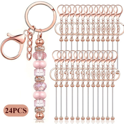 Kit de porte-clés à perler en acier inoxydable – 12 et 24 pièces, pendentifs en métal avec breloques pour loisirs créatifs, cadeaux de Noël et d'Halloween, doré, argenté et or rose