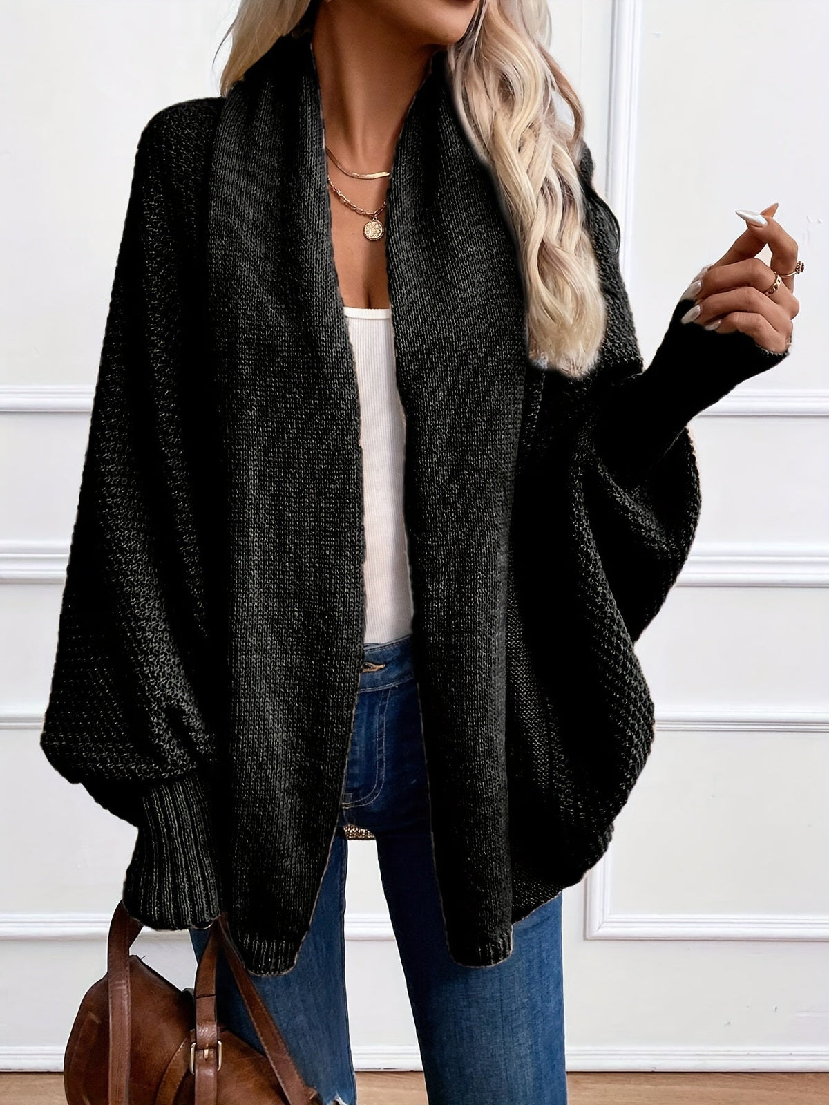 Cardigan femme à manches chauve-souris, col châle ouvert, pull manteau en maille ample – Veste légère unie couleur kaki