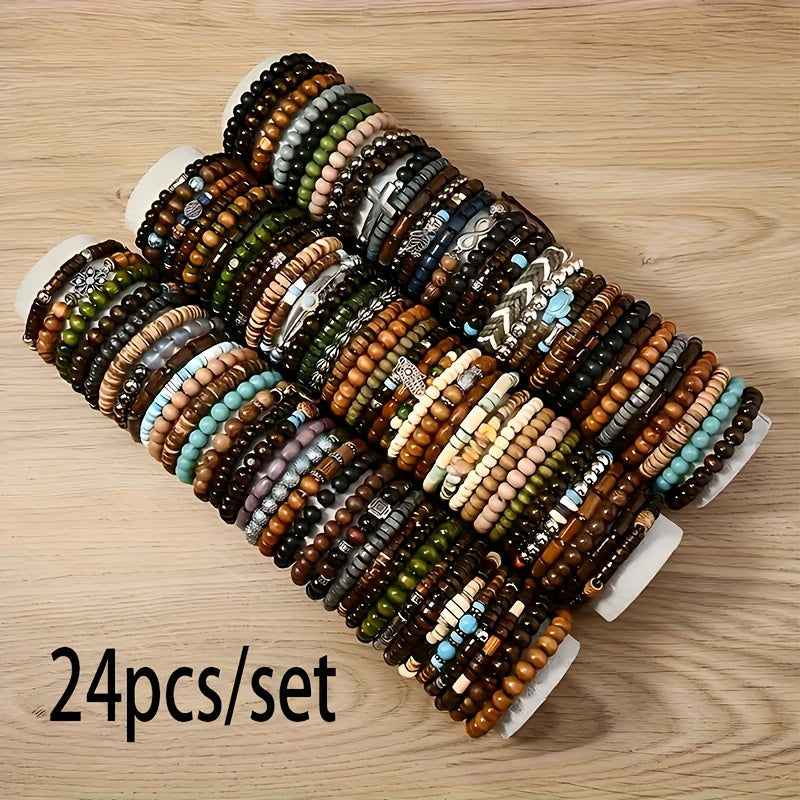 Ensemble de bracelets bohèmes en perles de bois – Bracelets élastiques empilables avec breloques tortue, croix, feuille et plume, couleurs assorties, au choix par 12, 24, 47 ou 87 pièces – Parfait pour un usage quotidien et offrir en cadeau