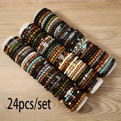 Ensemble de bracelets bohèmes en perles de bois – Bracelets élastiques empilables avec breloques tortue, croix, feuille et plume, couleurs assorties, au choix par 12, 24, 47 ou 87 pièces – Parfait pour un usage quotidien et offrir en cadeau