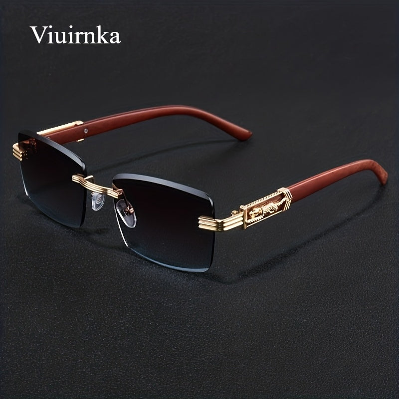 Lunettes de soleil rectangulaires vintage sans monture pour hommes et femmes – Lunettes tendance avec branches léopard et protection UV, 7 couleurs de verres, lunettes unisexes stylées pour l'extérieur, la conduite, les voyages, les fêtes et le quotidien
