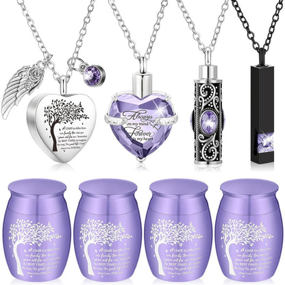 Lot de 8 petites urnes funéraires pour cendres – Ensemble de souvenirs en alliage avec pendentif médaillon en forme de cœur « Arbre de vie » pour hommes et femmes, cadeau commémoratif pour inhumation et crémation, 8 couleurs