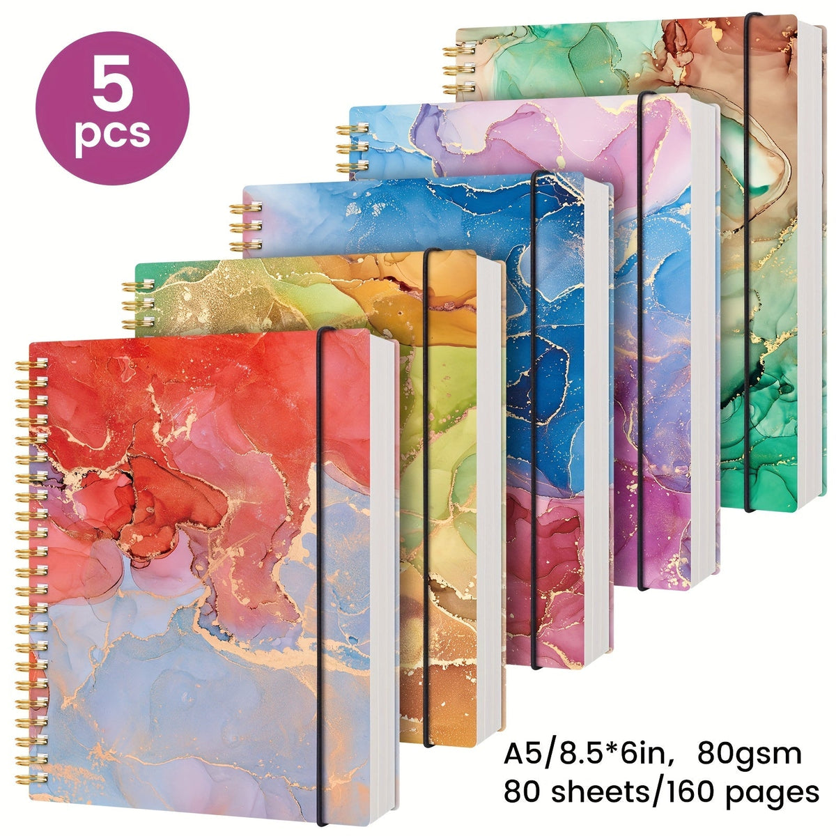 Lot de 5 carnets à spirales à couverture rigide effet marbre A5 – 400 feuilles de papier épais anti-transparence pour le travail, l'école et le journal intime, fournitures de rentrée scolaire, cadeau pour professeur