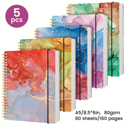 Lot de 5 carnets à spirales à couverture rigide effet marbre A5 – 400 feuilles de papier épais anti-transparence pour le travail, l'école et le journal intime, fournitures de rentrée scolaire, cadeau pour professeur