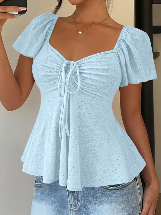 T-shirt à col en V et cordon de serrage en jacquard style Y2K pour femme – Haut élégant, respirant, à manches courtes et couleur unie pour le printemps et l'été